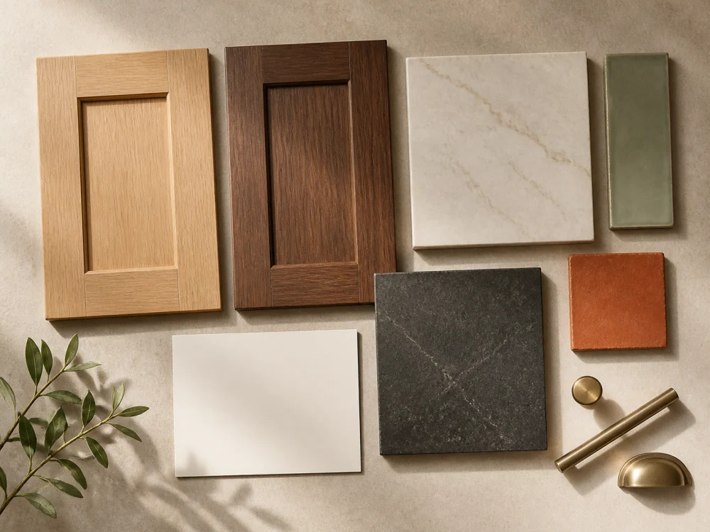 Unbranded kitchen finish samples with cabinet wood, countertop, tile and hardware options.